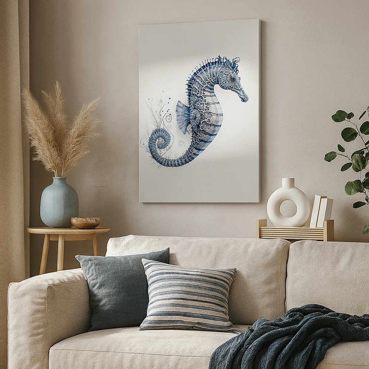 Impression sur toile - Image sur toile - Hippocampe dans des tons de bleu avec des détails à l'aquarelle - 50x70cm - Une subtile plaisanterie de la nature - Décoration murale moderne pour le salon et la chambre ARTTOR