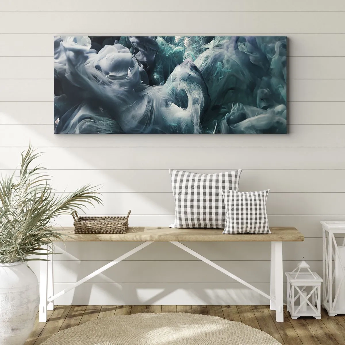 Impression sur toile - Image sur toile - Vagues abstraites dynamiques dans des tons de bleu et de blanc - 160x50cm - Mouvement des couleurs - Décoration murale moderne pour le salon et la chambre ARTTOR