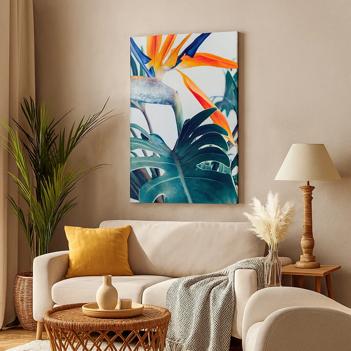 Impression sur toile - Image sur toile - Fleur de Strelitzia entourée de feuilles sous une lumière vive - 50x70cm - Le buisson oiseaux - Décoration murale moderne pour le salon et la chambre ARTTOR