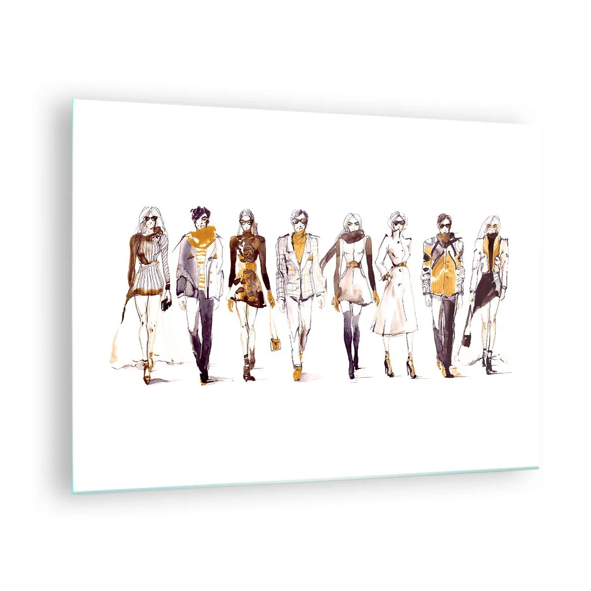 Impression sur verre - Image sur verre - Groupe de personnages à la mode dans un style croquis sur fond blanc - 70x50cm - Chic décontracté, élégance décontractée - Décoration murale moderne pour le salon et la chambre ARTTOR