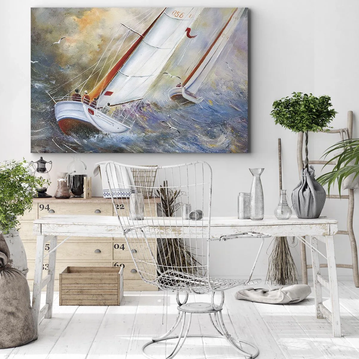 Impression sur toile - Image sur toile - Voiliers sur des vagues agitées dans une composition dynamique - 70x50cm - Concourir sur les vagues - Décoration murale moderne pour le salon et la chambre ARTTOR