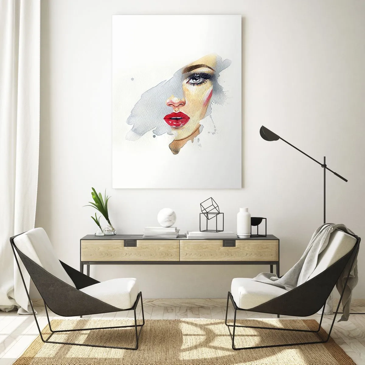 Impression sur verre - Image sur verre - Portrait à l'aquarelle d'une femme aux lèvres rouges - 50x70cm - Reflet dans une goutte d'eau - Décoration murale moderne pour le salon et la chambre ARTTOR