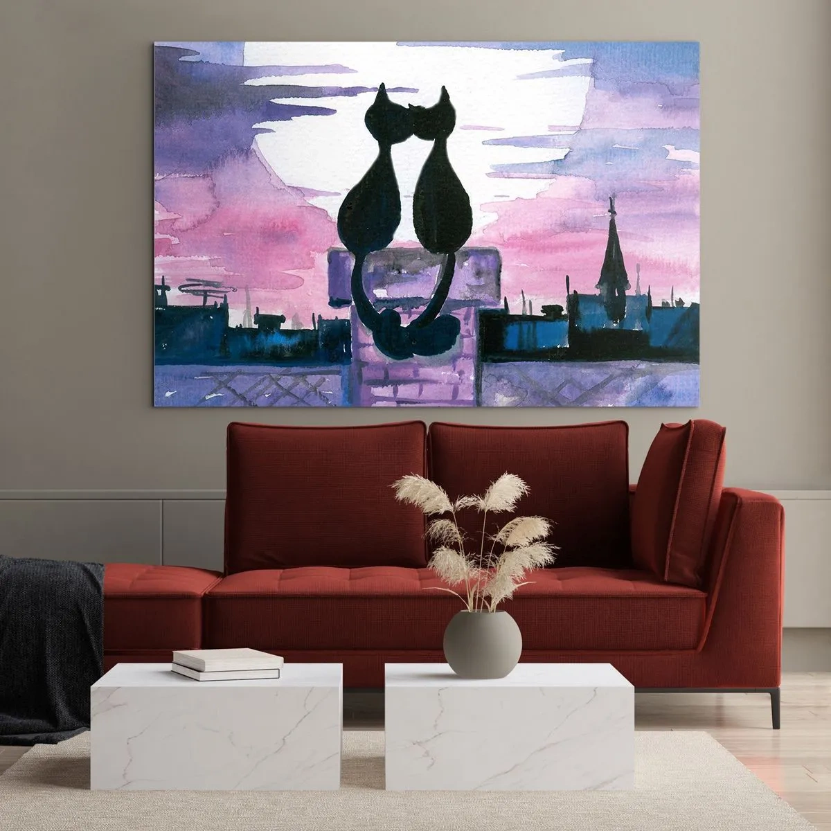 Impression sur verre - Image sur verre - Silhouettes de deux chats contre le soleil couchant - 70x50cm - Rendez-vous sous la lune - Décoration murale moderne pour le salon et la chambre ARTTOR