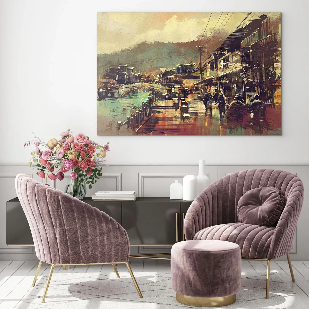 Impression sur verre - Image sur verre - Un paysage de rue dans un style pictural avec un motif de pont et de canal. - 100x70cm - La vie comme une richesse de gris - Décoration murale moderne pour le salon et la chambre ARTTOR
