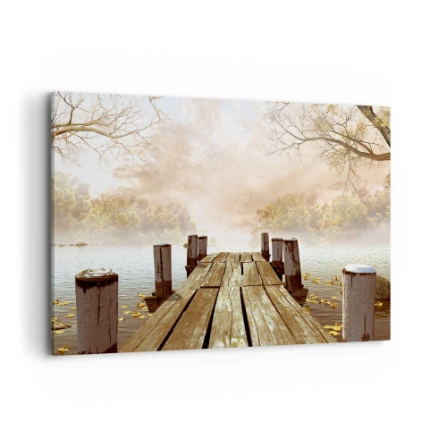 Impression sur toile - Image sur toile - Une jetée en bois menant à un lac calme dans la brume matinale - 120x80cm - La douce tristesse de l'automne - Décoration murale moderne pour le salon et la chambre ARTTOR