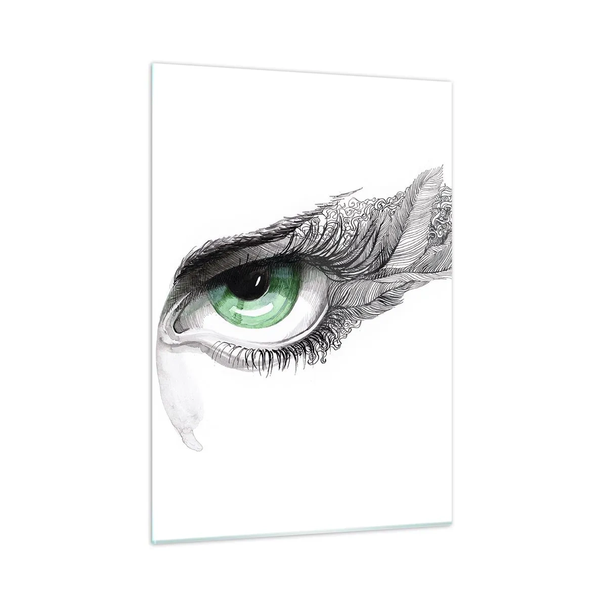 Impression sur verre - Image sur verre - Oeil vert avec détails de plumes et motifs abstraits - 50x70cm - Belle et prête à l'attaque - Décoration murale moderne pour le salon et la chambre ARTTOR