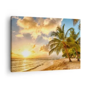 Impression sur toile - Image sur toile - Plage avec palmiers et coucher de soleil sur l'océan - 70x50cm - Été éternel, toujours des vacances - Décoration murale moderne pour le salon et la chambre ARTTOR