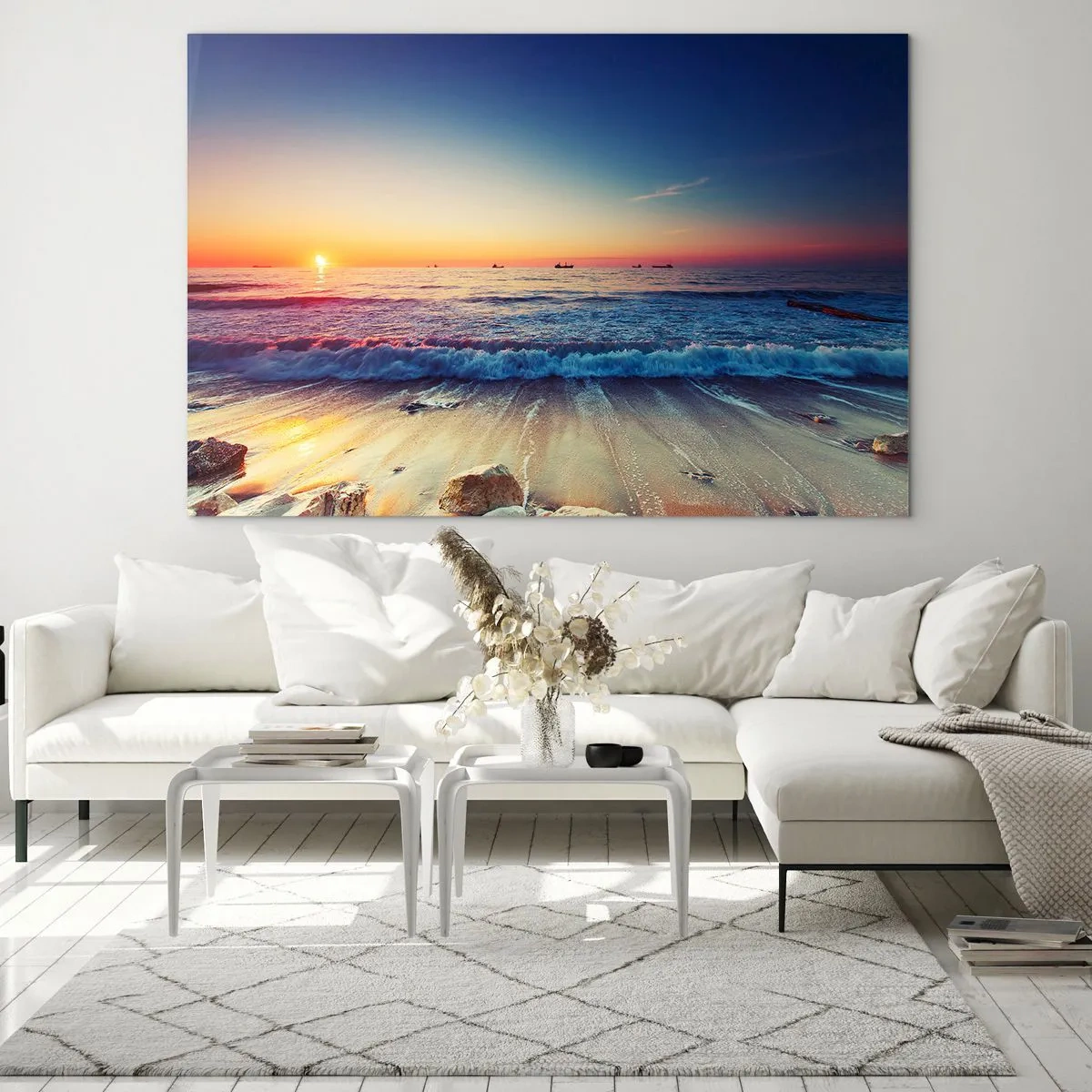 Impression sur verre - Image sur verre - Coucher de soleil sur la plage avec des vagues douces et une mer calme - 120x80cm - Mais quel horizon ? - Décoration murale moderne pour le salon et la chambre ARTTOR