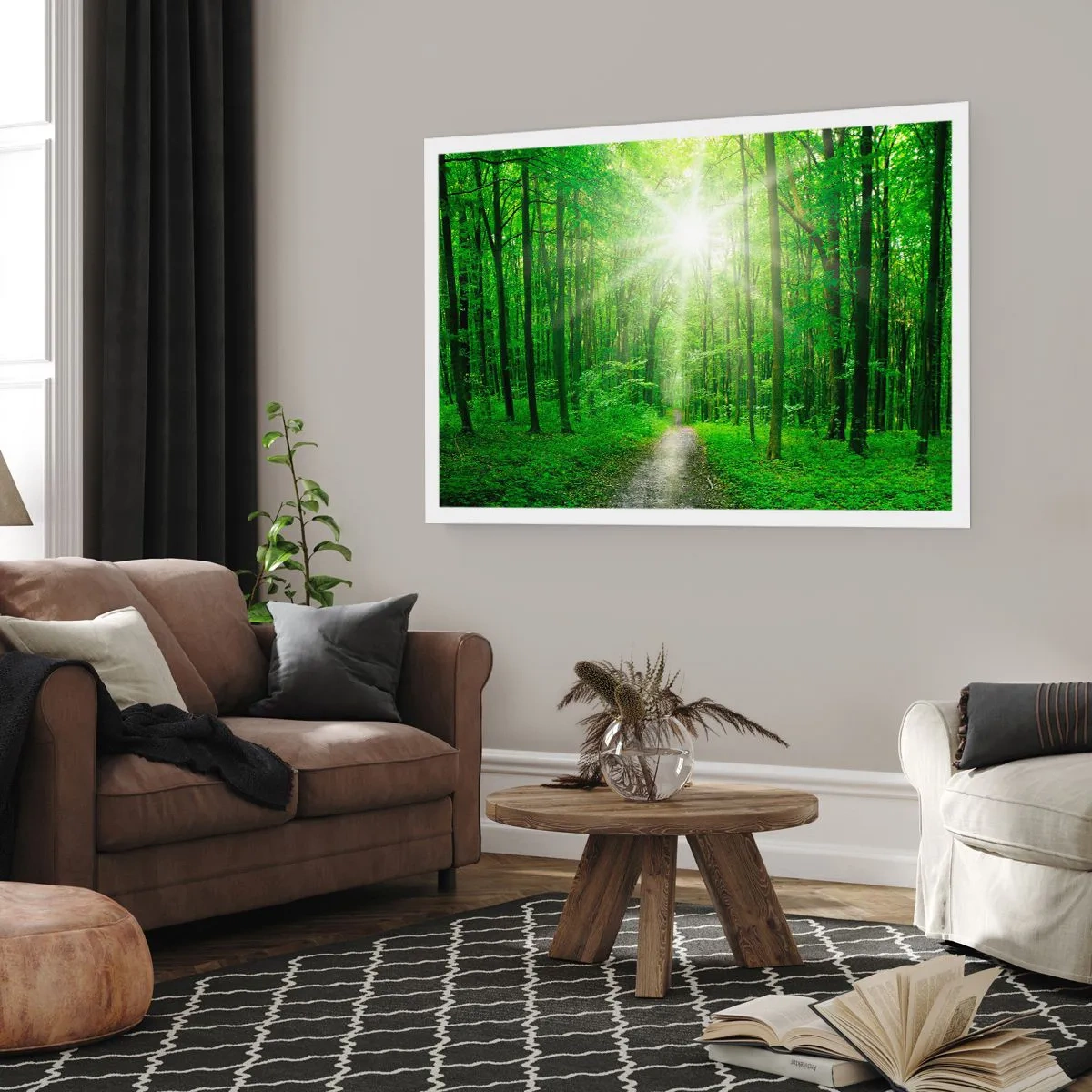 Affiche - Poster - Chemin dans la forêt avec les rayons du soleil - 100x70cm - Cathédrale verte - Décoration murale moderne pour le salon et la chambre ARTTOR