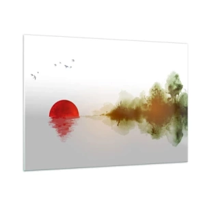Impression sur verre - Image sur verre - Soleil rouge sur l'eau et le contour de la forêt - 100x70cm - Une promesse de paix - Décoration murale moderne pour le salon et la chambre ARTTOR