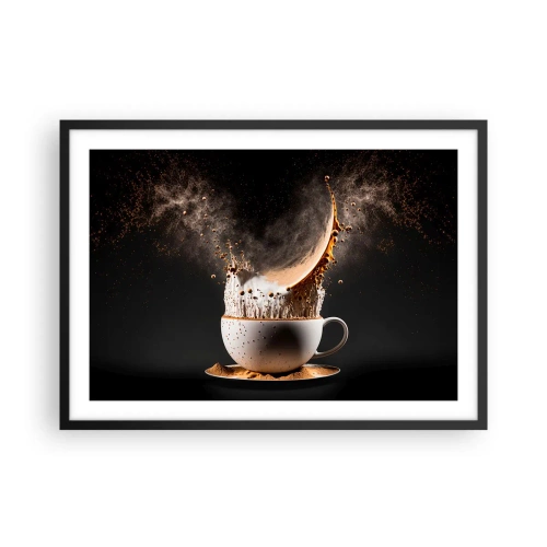 Affiche dans un cadre noir - Poster - Une tasse de café avec une explosion dynamique de liquide sur fond noir. - 70x50cm - Une explosion de saveur - Décoration murale moderne pour le salon et la chambre ARTTOR