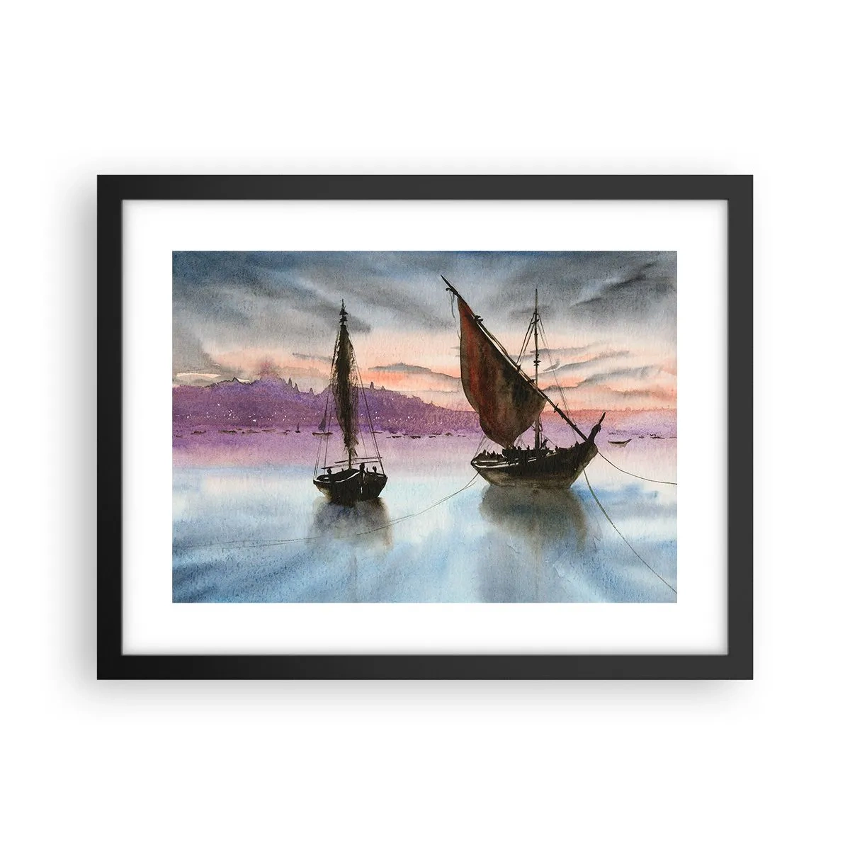 Affiche dans un cadre noir - Poster - Soirée au port - 40x30 cm