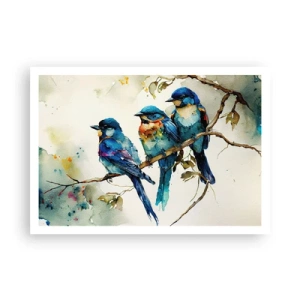 Affiche - Poster - Trois oiseaux colorés sur une branche dans un style aquarelle - 100x70cm - A-t-il été offensé ? - Décoration murale moderne pour le salon et la chambre ARTTOR
