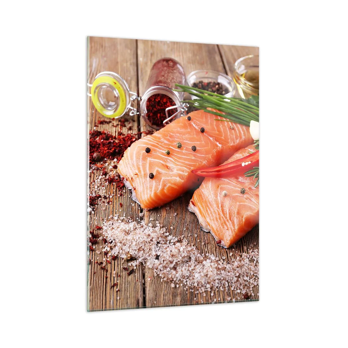 Impression sur verre - Image sur verre - Filets de saumon aux épices sur un plan de travail en bois - 50x70cm - Aventure norvégienne dans la cuisine - Décoration murale moderne pour le salon et la chambre ARTTOR