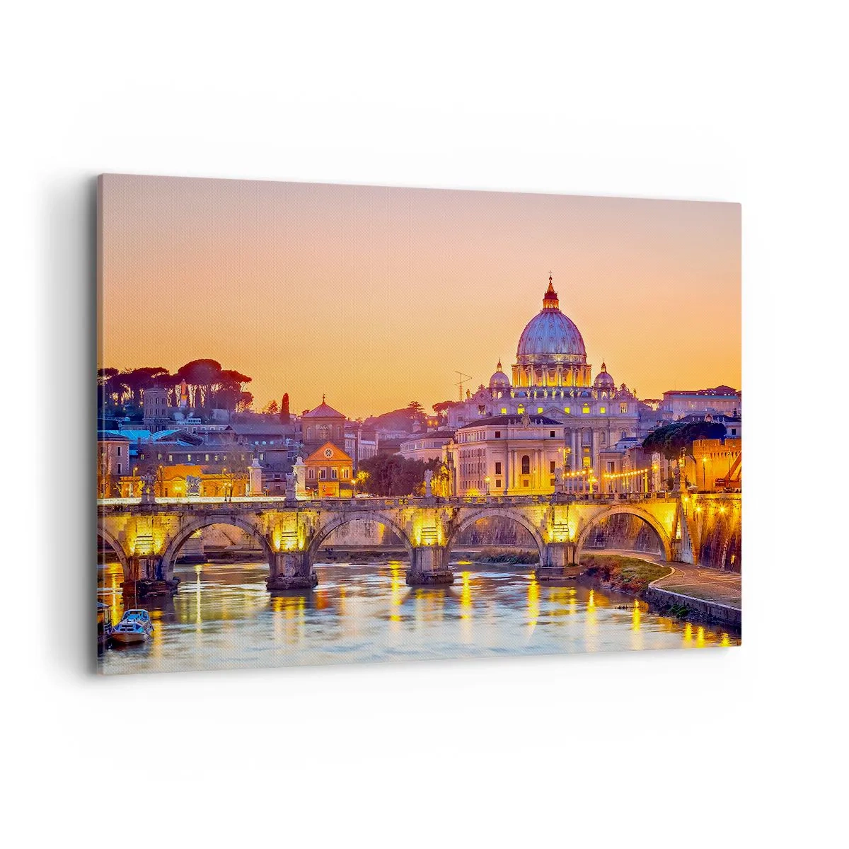 Impression sur toile - Image sur toile - Panorama du Vatican au coucher du soleil avec un pont sur la rivière - 120x80cm - Coucher de soleil sur la ville éternelle - Décoration murale moderne pour le salon et la chambre ARTTOR