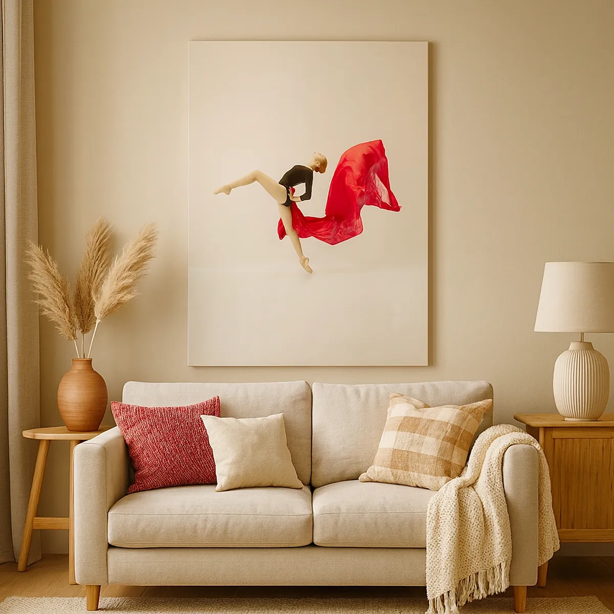 Impression sur toile - Image sur toile - Une danseuse dynamique en tenue noire et tissu rouge en mouvement. - 50x70cm - Rouge et noir - Décoration murale moderne pour le salon et la chambre ARTTOR