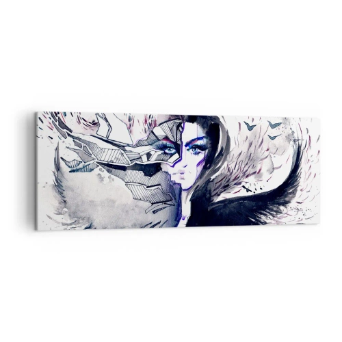 Impression sur toile - Image sur toile - Visage abstrait avec des éléments contrastés et un motif d'aile - 140x50cm - Démoniaque et belle - Décoration murale moderne pour le salon et la chambre ARTTOR