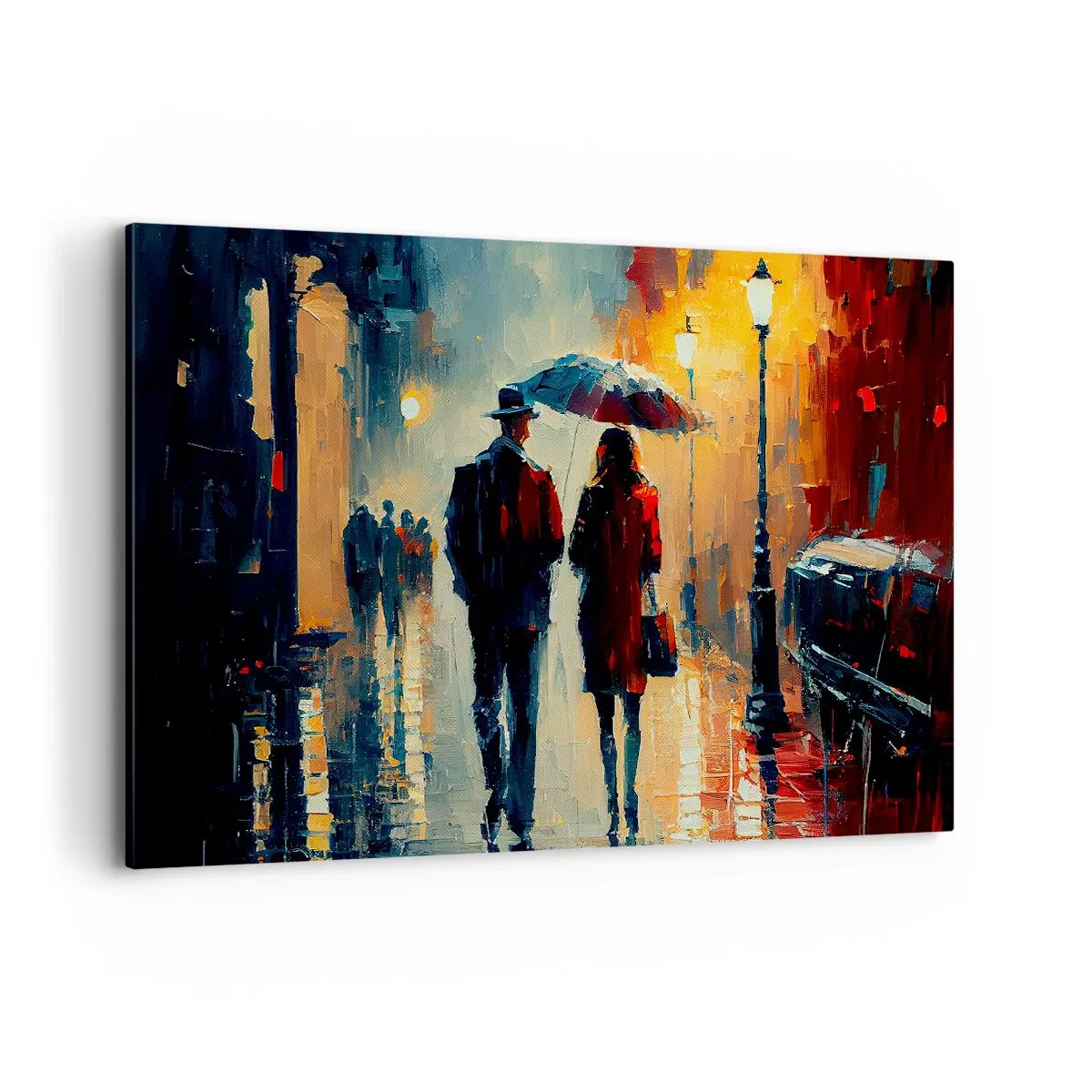 Impression sur toile - Image sur toile - Marcher sous la pluie sous un parapluie en ville la nuit - 120x80cm - Histoire d'amour urbaine - Décoration murale moderne pour le salon et la chambre ARTTOR
