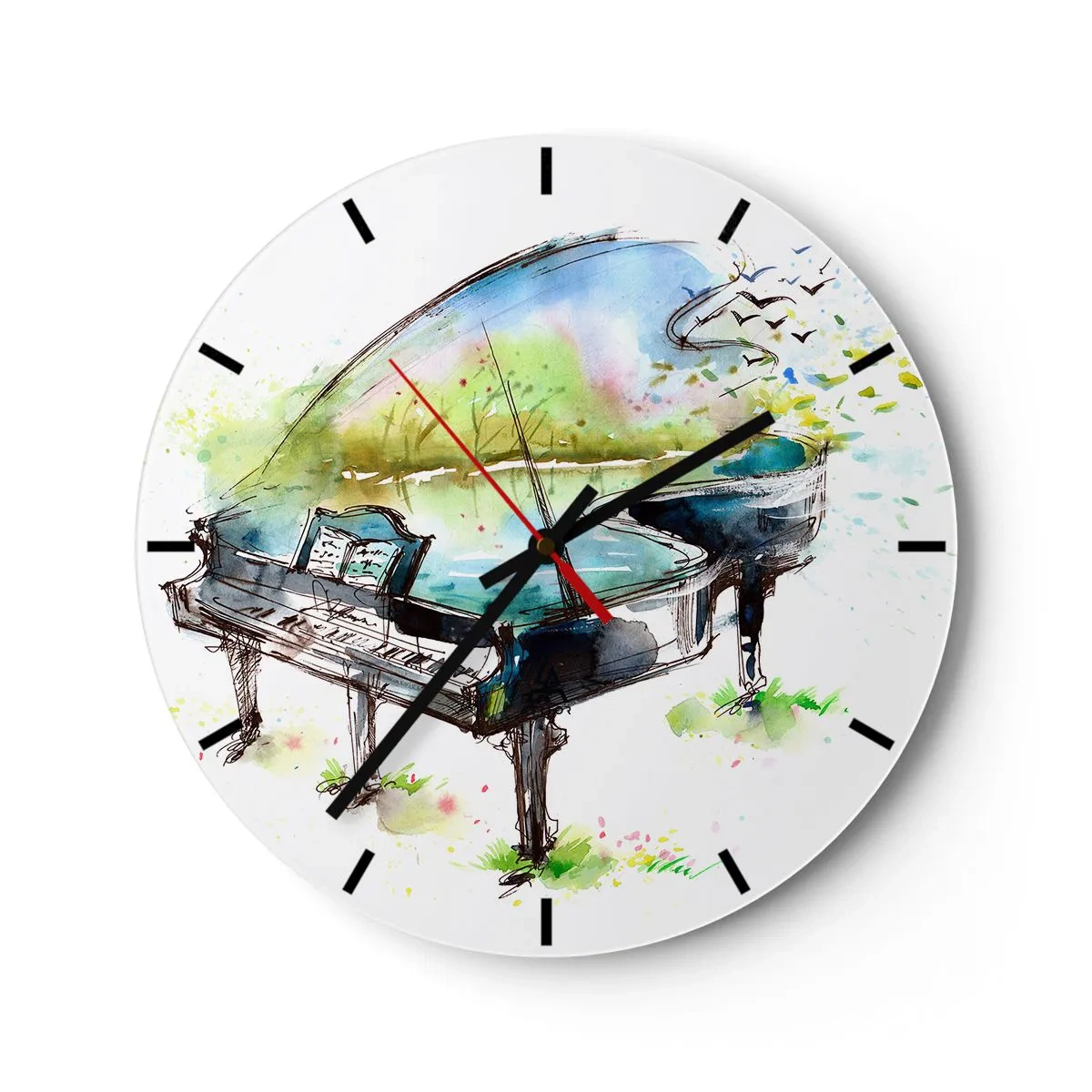 Horloge murale - Pendule murale - Un piano avec un paysage en arrière-plan, réalisé dans un style aquarelle - 30x30cm - Enchanté en musique - Décoration murale moderne pour le salon, la cuisine et la chambre ARTTOR