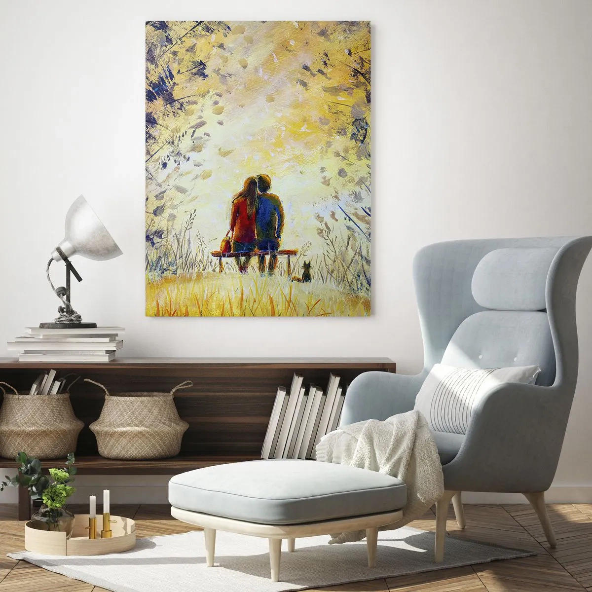 Impression sur verre - Image sur verre - Un couple assis sur un banc parmi les arbres d'automne au soleil - 80x120cm - Moment magique - Décoration murale moderne pour le salon et la chambre ARTTOR