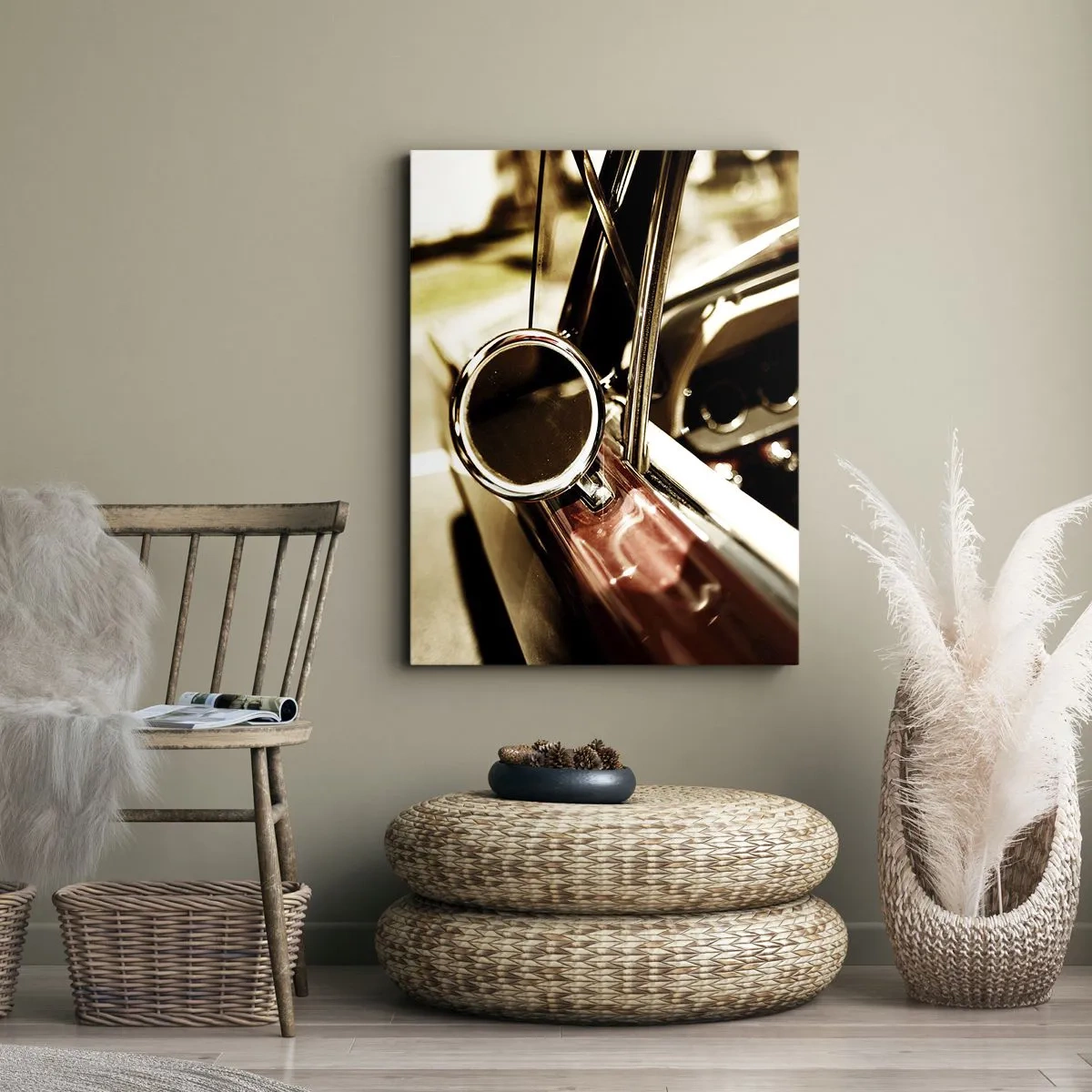 Impression sur toile - Image sur toile - Gros plan du miroir et de l'intérieur d'une voiture rétro classique - 70x100cm - Auto avec une âme - Décoration murale moderne pour le salon et la chambre ARTTOR