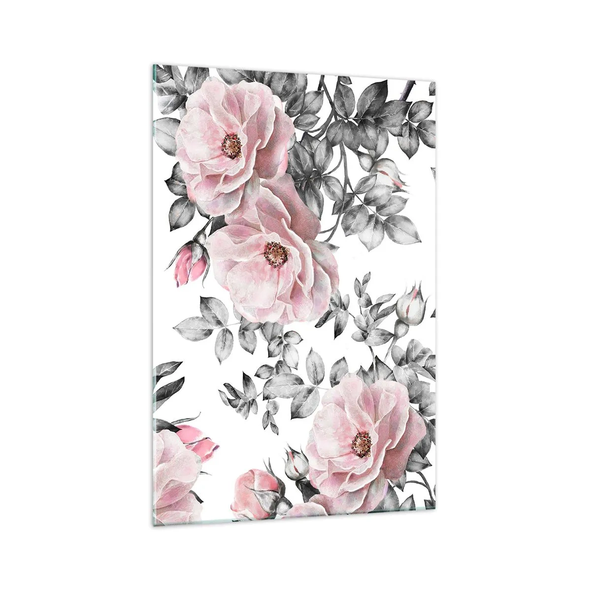 Impression sur verre - Image sur verre - Roses roses et feuilles sur un délicat fond noir et blanc - 70x100cm - Se perdre dans les fleurs des roses - Décoration murale moderne pour le salon et la chambre ARTTOR