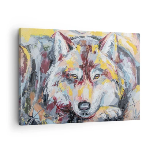 Impression sur toile - Image sur toile - Portrait artistique d'un loup aux couleurs intenses - 70x50cm - En paix au milieu des siens - Décoration murale moderne pour le salon et la chambre ARTTOR