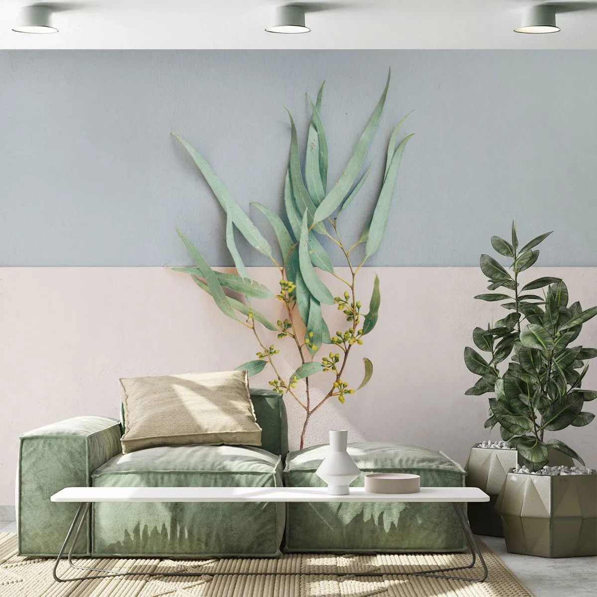 Papier Peint Photo Premium Sand - Une branche avec des feuilles et des bourgeons sur un fond pastel - 100x70cm - Subtilité pastel - Décoration murale moderne pour le salon et la chambre ARTTOR