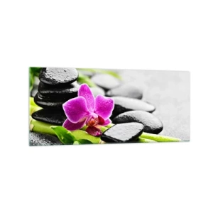 Impression sur verre - Image sur verre - Orchidée violette, pierres noires et bambou dans une composition tranquille - 120x50cm - Dans un équilibre de calme - Décoration murale moderne pour le salon et la chambre ARTTOR