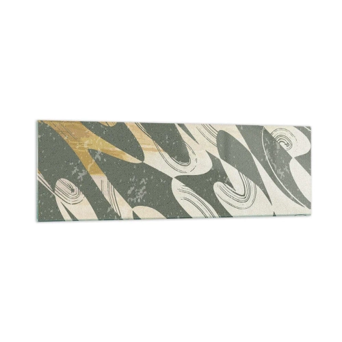 Impression sur verre - Image sur verre - Formes dynamiques dans des tons de vert et d'or - 160x50cm - Abstraction rythmique - Décoration murale moderne pour le salon et la chambre ARTTOR