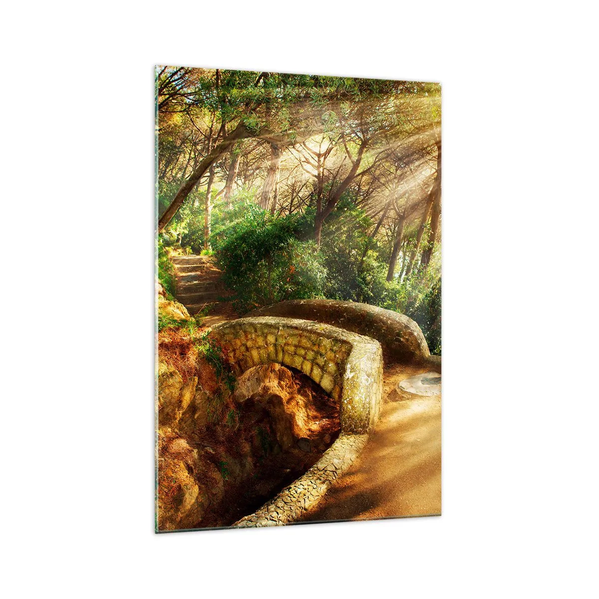 Impression sur verre - Image sur verre - Paysage forestier avec des rayons de soleil et un pont de pierre - 70x100cm - Directement du pont dans une forêt de conte de fées - Décoration murale moderne pour le salon et la chambre ARTTOR