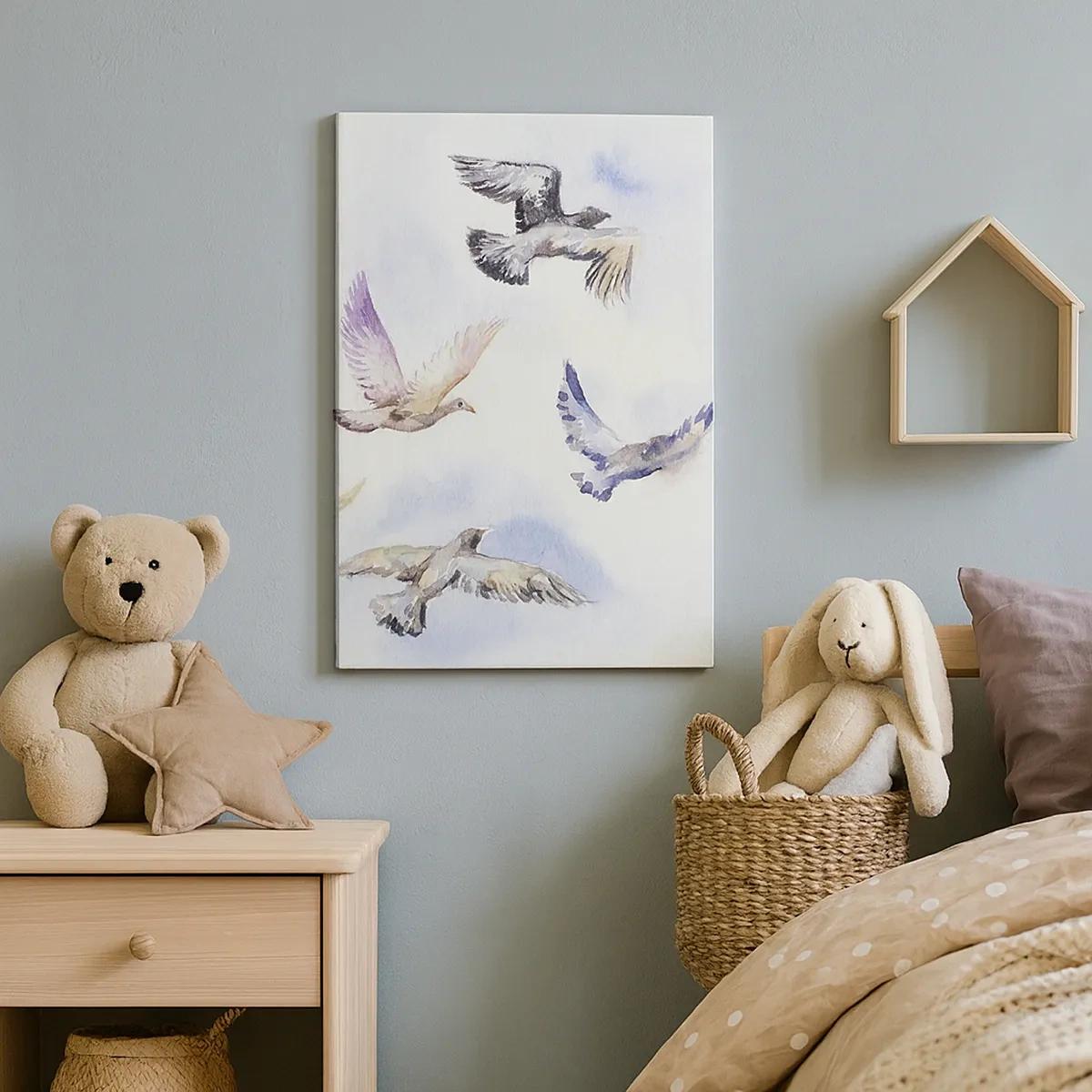 Impression sur toile - Image sur toile - Oiseaux à l'aquarelle en vol sur un ciel délicat - 50x70cm - Liberté en gris et bleu - Décoration murale moderne pour le salon et la chambre ARTTOR
