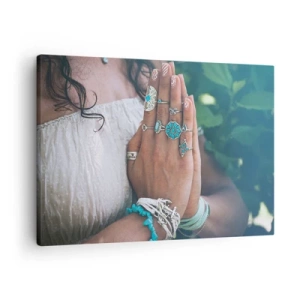 Impression sur toile - Image sur toile - Mains décorées de bijoux bohèmes - 70x50cm - Bienvenue au centre du bien-être - Décoration murale moderne pour le salon et la chambre ARTTOR