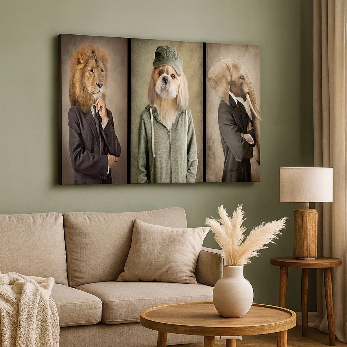 Impression sur toile - Image sur toile - Portraits stylisés d'un lion, d'un chien et d'un éléphant dans des vêtements élégants - 70x50cm - je préfère plus détendu - Décoration murale moderne pour le salon et la chambre ARTTOR