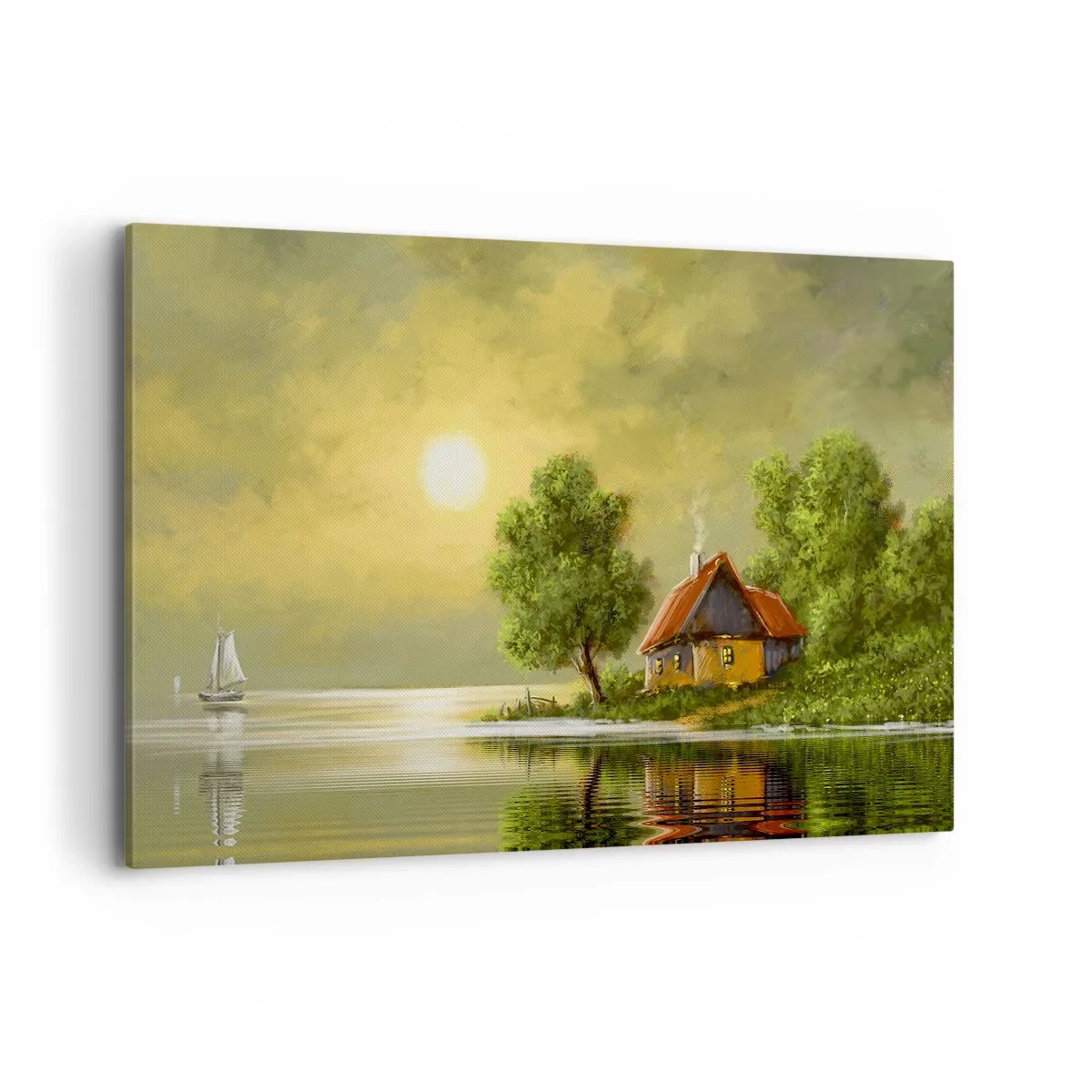 Impression sur toile - Image sur toile - Maison au bord du lac dans la lumière du coucher du soleil - 120x80cm - Beau, comme une image - Décoration murale moderne pour le salon et la chambre ARTTOR