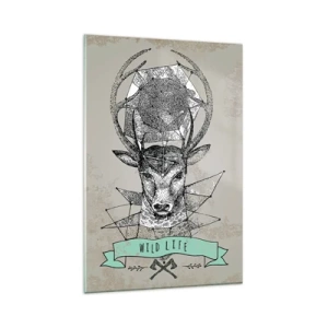 Impression sur verre - Image sur verre - Géométrie de cerf de style vintage avec lettrage Wild Life - 80x120cm - Voir St. Hubertus - Décoration murale moderne pour le salon et la chambre ARTTOR