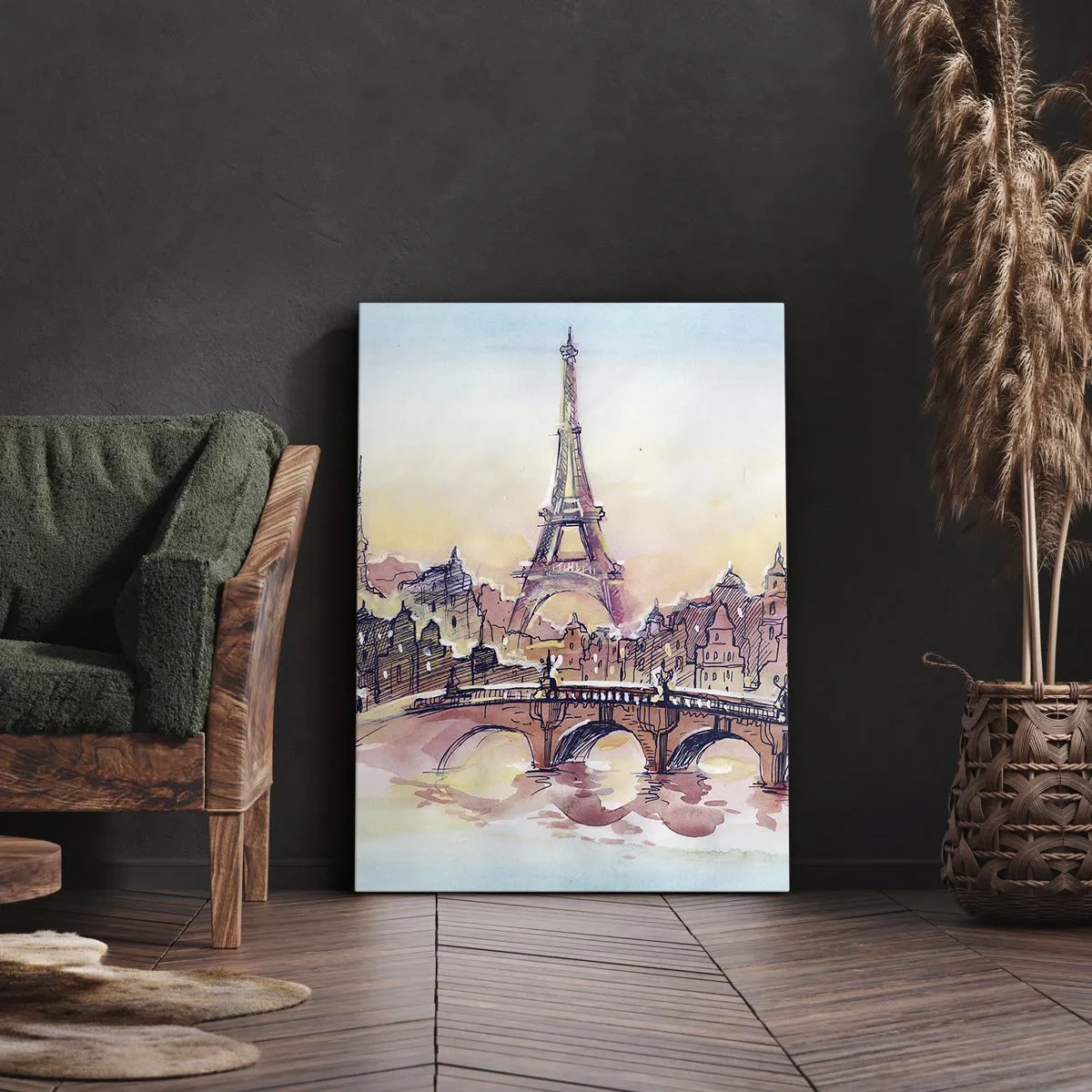 Impression sur toile - Image sur toile - Panorama aquarelle de Paris avec la Tour Eiffel au coucher du soleil - 70x100cm - La seule ville de ce type au monde - Décoration murale moderne pour le salon et la chambre ARTTOR