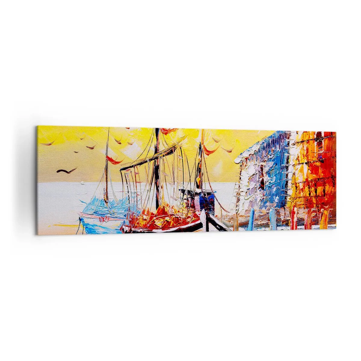 Impression sur toile - Image sur toile - Port pittoresque au coucher du soleil avec des bateaux de pêche - 160x50cm - Bon retour - Décoration murale moderne pour le salon et la chambre ARTTOR