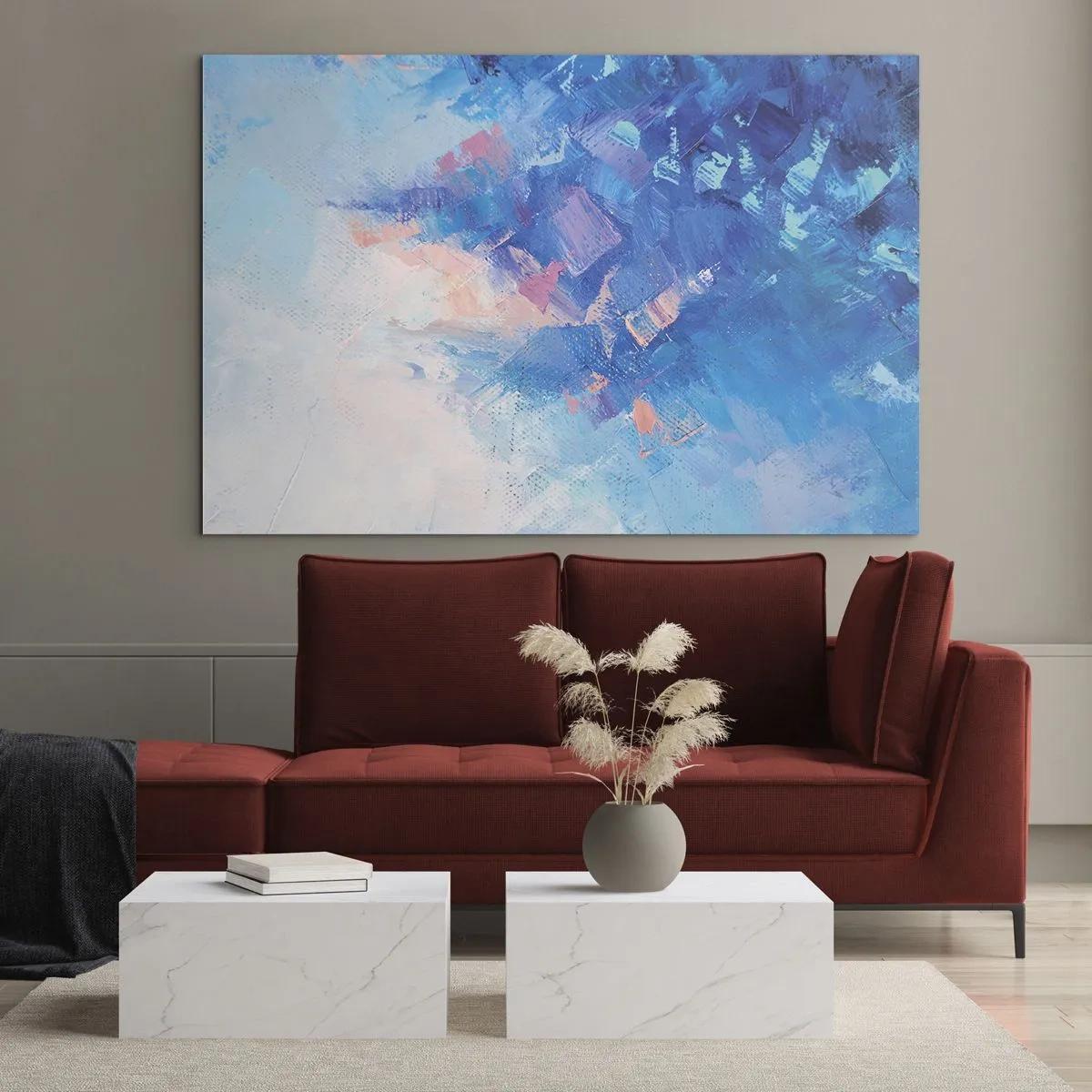 Impression sur verre - Image sur verre - Paysage d'hiver abstrait avec des bleus froids et des teintes roses douces - 100x70cm - Abstraction hivernale - Décoration murale moderne pour le salon et la chambre ARTTOR