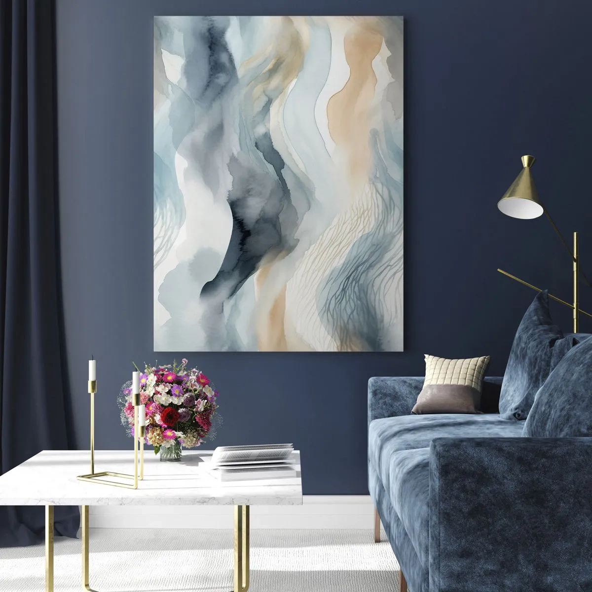 Impression sur verre - Image sur verre - Vagues abstraites dans les tons beige et bleu - 50x70cm - Abstraction enneigée et brumeuse - Décoration murale moderne pour le salon et la chambre ARTTOR