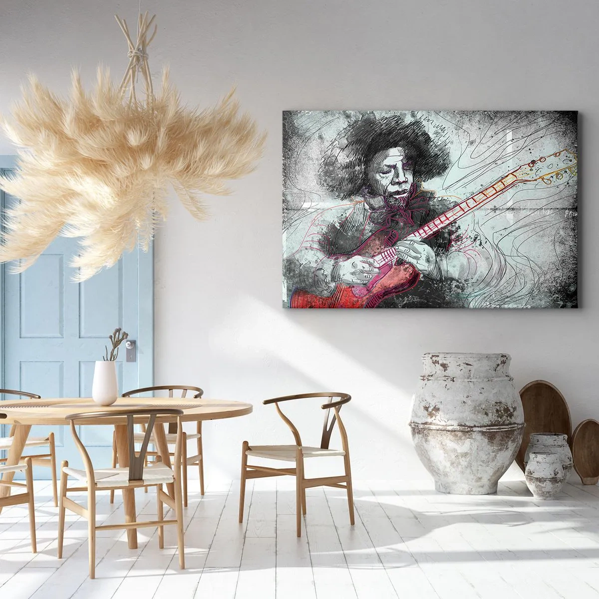 Impression sur toile - Image sur toile - Portrait artistique d'un guitariste en technique d'esquisse - 100x70cm - Sur les vagues de la musique - Décoration murale moderne pour le salon et la chambre ARTTOR