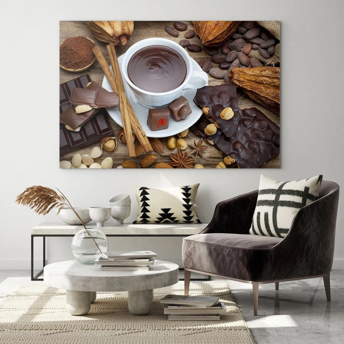 Impression sur verre - Image sur verre - Une tasse de chocolat chaud avec des garnitures sur un fond rustique - 70x50cm - D'une chocolaterie de conte de fées - Décoration murale moderne pour le salon et la chambre ARTTOR