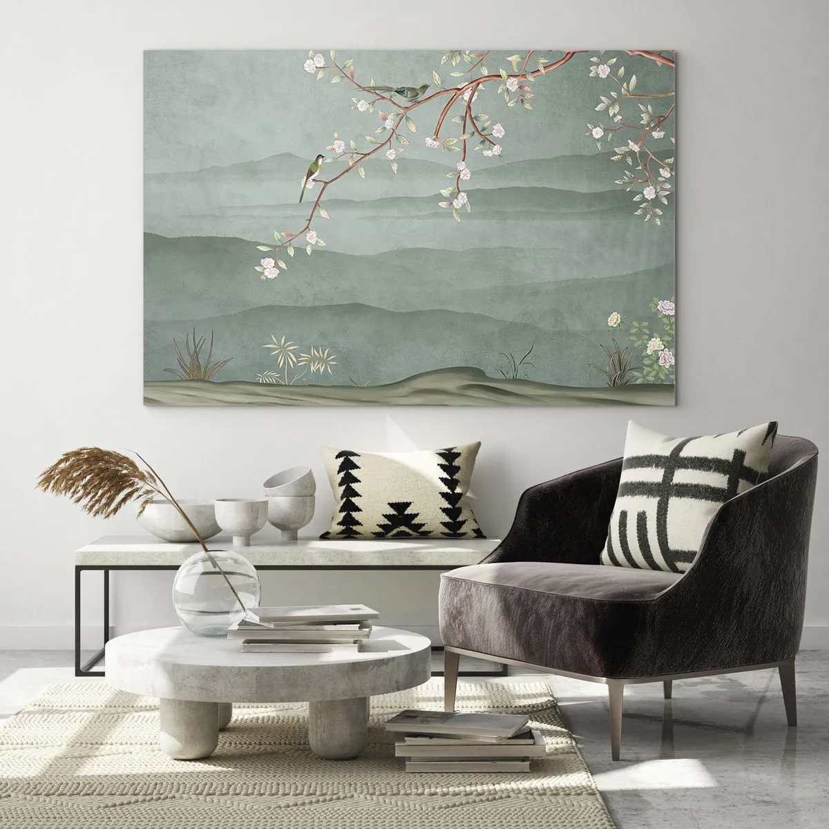 Impression sur verre - Image sur verre - Une branche avec des fleurs et des oiseaux sur un fond de collines verdoyantes - 120x80cm - Printemps oh c'est toi - Décoration murale moderne pour le salon et la chambre ARTTOR
