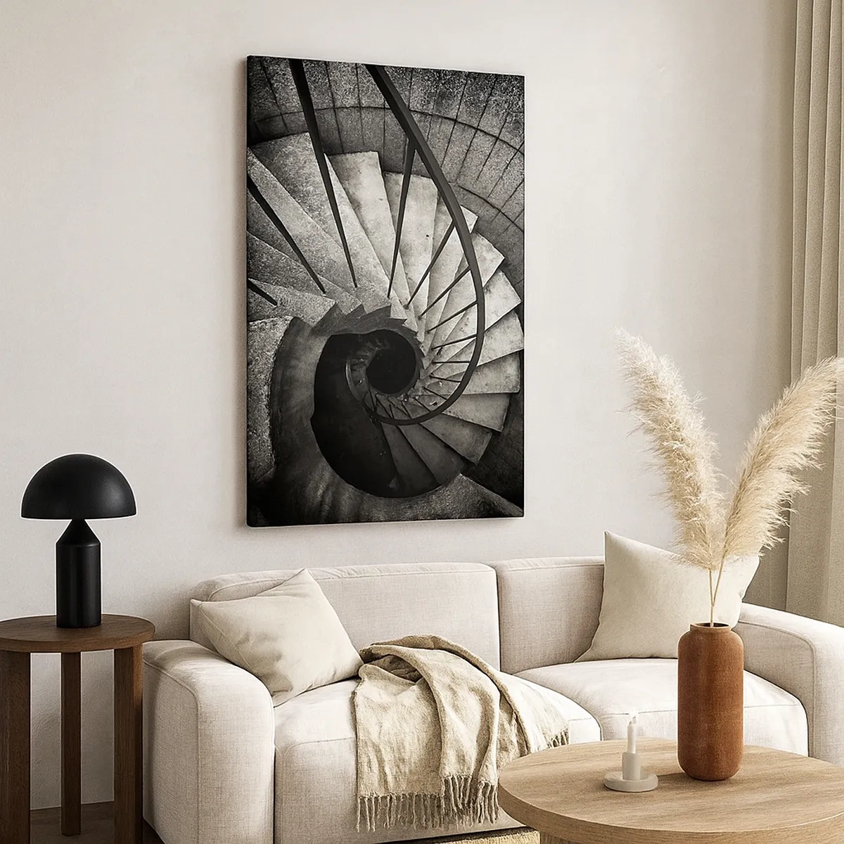 Impression sur toile - Image sur toile - Escalier en colimaçon noir et blanc de style moderne - 50x70cm - En haut des escaliers, en bas des escaliers - Décoration murale moderne pour le salon et la chambre ARTTOR