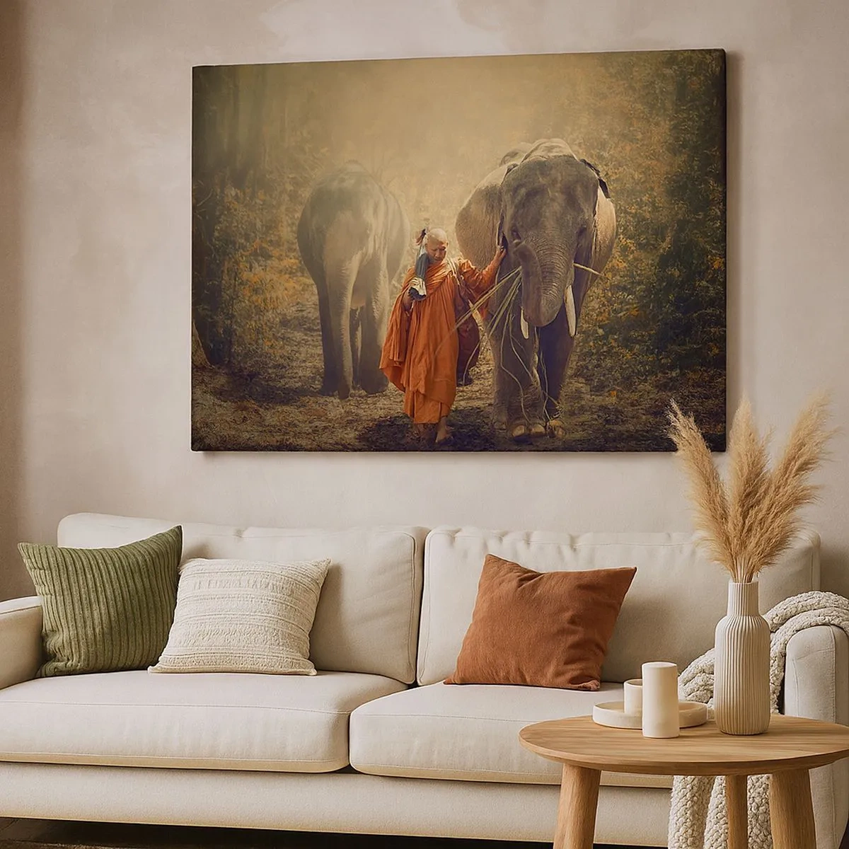 Impression sur toile - Image sur toile - Un moine en robe orange conduit un éléphant dans la forêt. - 70x50cm - Compréhension totale - Décoration murale moderne pour le salon et la chambre ARTTOR