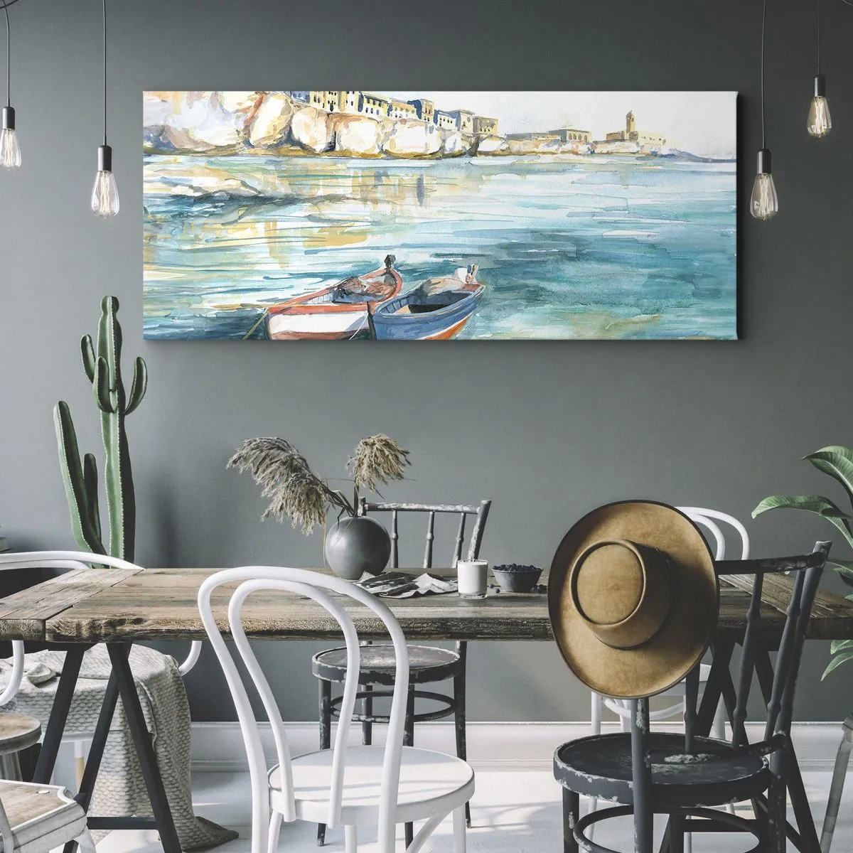 Impression sur toile - Image sur toile - Un paysage balnéaire pittoresque avec des bateaux sur l'eau - 160x50cm - Paysage dans l'azur - Décoration murale moderne pour le salon et la chambre ARTTOR