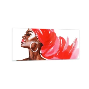 Impression sur verre - Image sur verre - Profil d'une femme avec un turban rouge et des boucles d'oreilles - 120x50cm - "Les cheveux dans le vent" - Décoration murale moderne pour le salon et la chambre ARTTOR