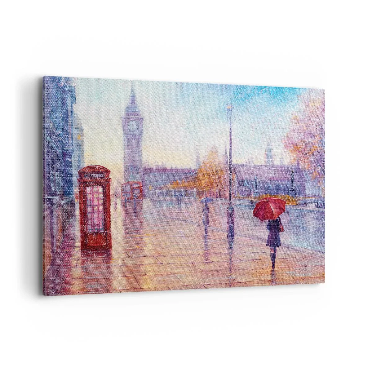 Impression sur toile - Image sur toile - Rue de Londres avec Big Ben un jour de pluie - 100x70cm - Jour automnal londonien - Décoration murale moderne pour le salon et la chambre ARTTOR