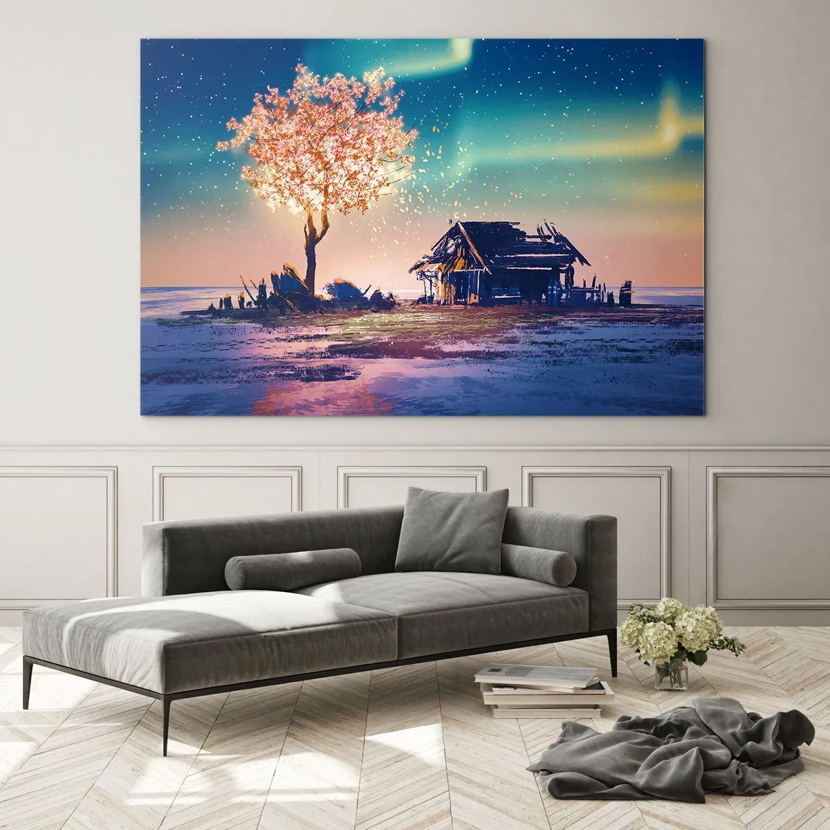 Impression sur verre - Image sur verre - Un paysage magique avec un arbre en fleurs et un chalet - 100x70cm - La nature ne passe pas - Décoration murale moderne pour le salon et la chambre ARTTOR