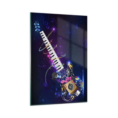 Impression sur verre - Image sur verre - Une guitare colorée avec un clavier et un microphone sur un fond sombre. - 80x120cm - Et tout va bien - Décoration murale moderne pour le salon et la chambre ARTTOR